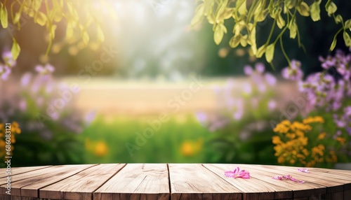 Fototapeta Naklejka Na Ścianę i Meble -  Wood podium tabletop floor outdoor blurred white frangipani flowers background