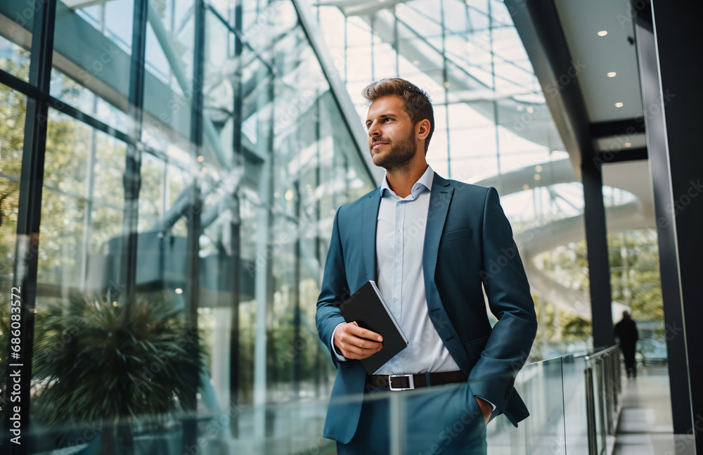 Confident leading businessman looking aside walking in office. Confident leading businessman looking aside walking in office.