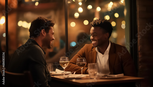 Couple of gays in restaurant, valentine's day concept