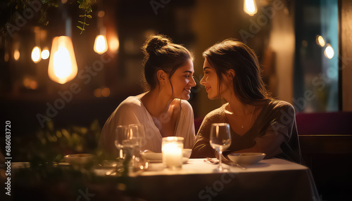 Two lesbians in a romantic restaurant, valentine's day concept