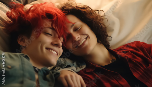 Couple of lesbians enjoying each other in bed, valentine's day concept