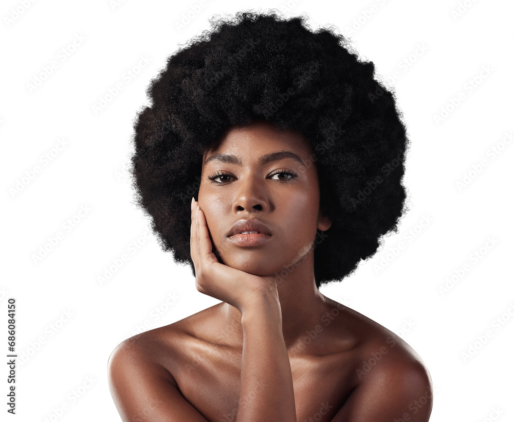 Portrait, afro and black woman with skincare, cosmetics and dermatology isolated on a transparent background. Face, African person and model with makeup, beauty and wellness with png, shine and glow