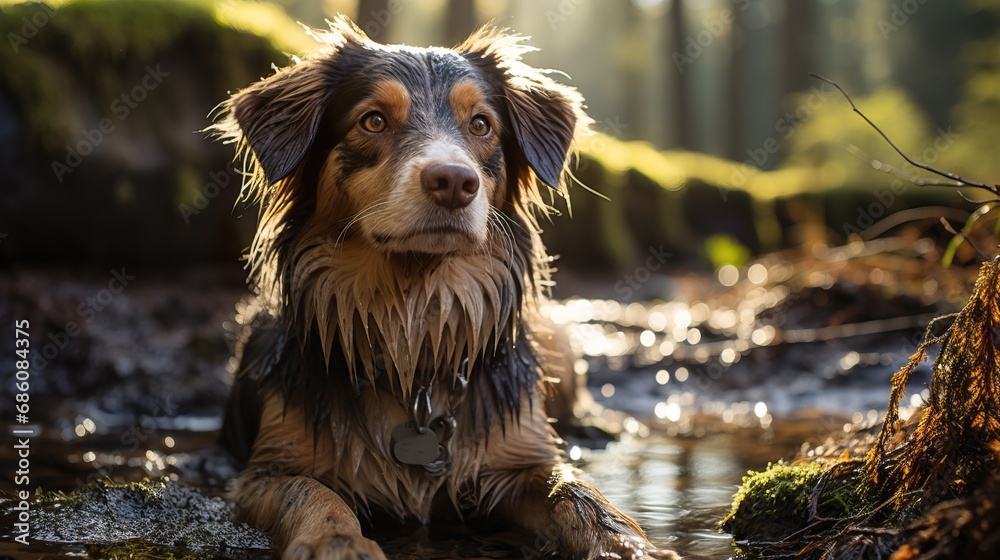 Wet dog outdoors in the water on a sunny day