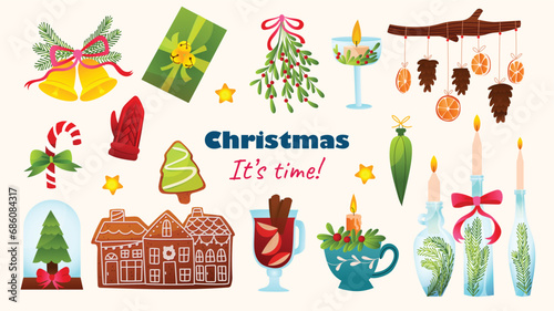 Collection of christmas items, elements and decorations. Gingerbread house,candles,bell,pine cone,omela and other. 