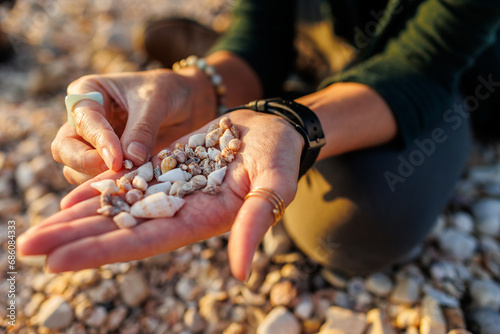 a girl sits on the beach and collects different shells. collection of shells. girl's hands with shells close-up.