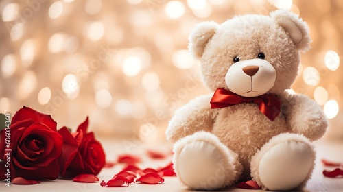 Super cute Teddy bear toy with red roses. Happy Valentine's day greeting card concept. AI generated image