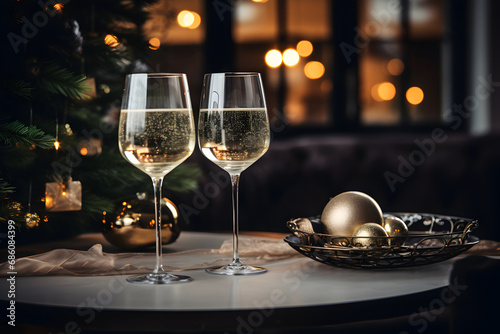 Champagne glasses on a table with Christmas style