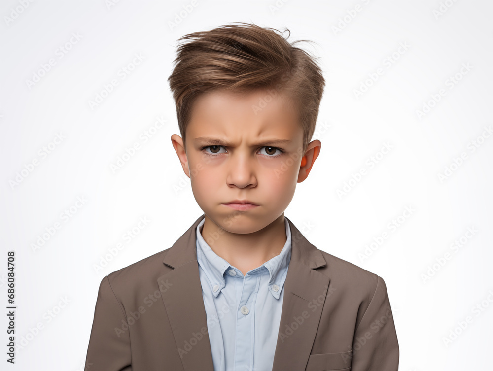 A handsome boy is angry and offended. Age crisis. Isolated on white background A handsome boy is angry and offended. Age crisis. Isolated on white background