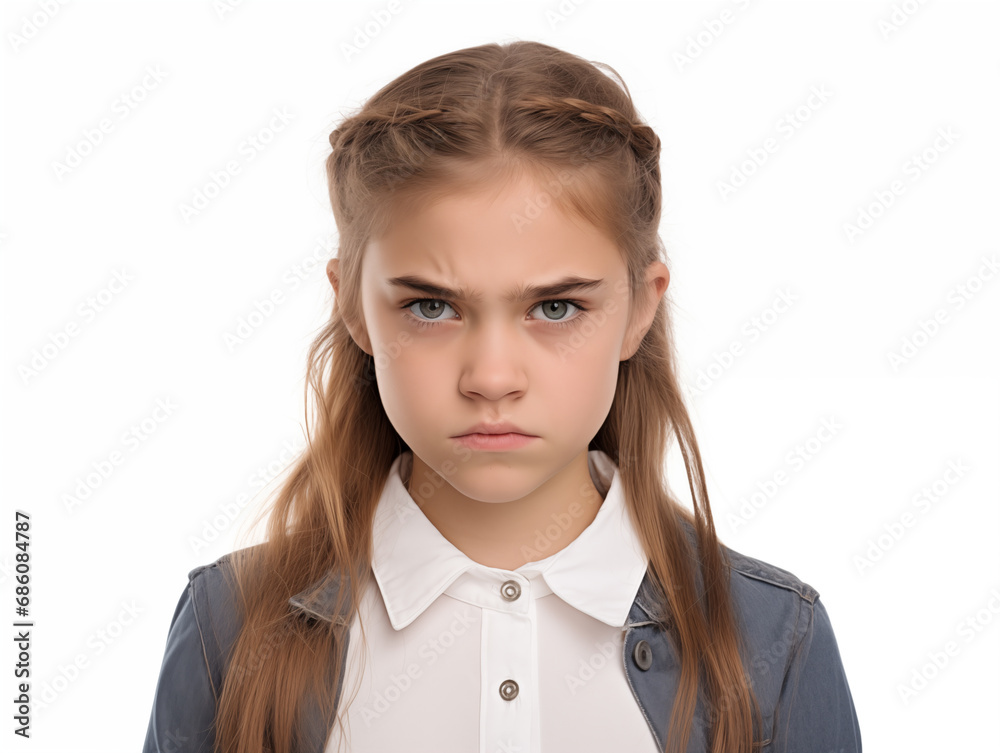 Pretty angry girl portrait. Adolescence. Isolated on white background Pretty angry girl portrait. Adolescence. Isolated on white background