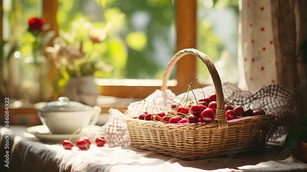 Basket of cherries on table. Basket of cherries on table.