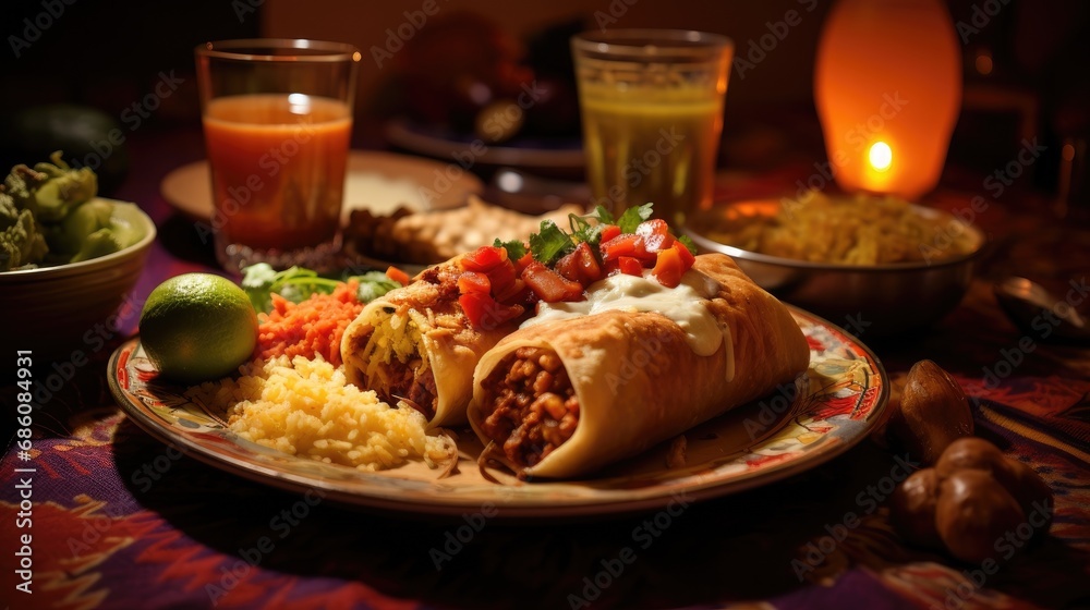 Fototapeta premium A typical dish of Mexican cuisine - Chimichanga, made of tortilla with different ingredients