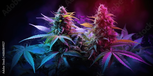 Marijuana plant growing under color lighting. Colored neon large leaves and buds of cannabis hemp. Generative AI
