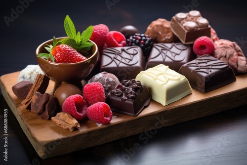 Assortment of fine chocolates with fruit, nuts or other delicious ingredients