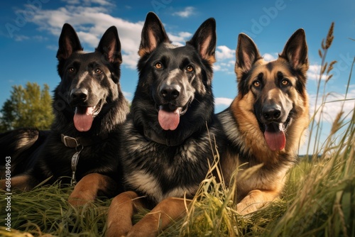 Three German shepherd dogs lay in the grass under a blue sky