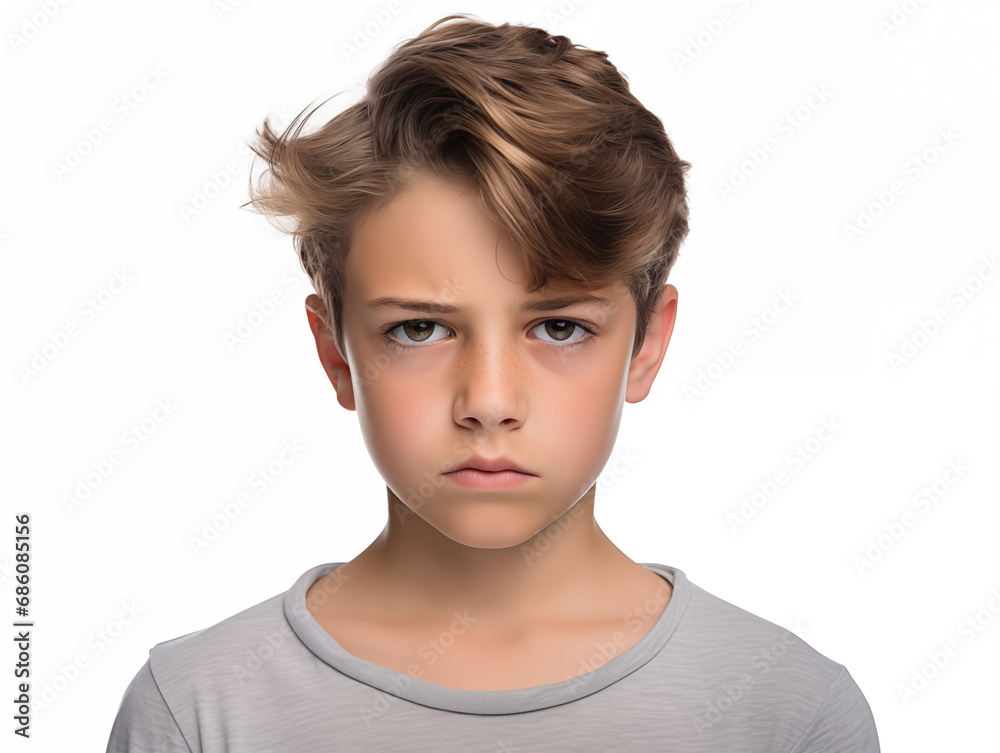 A handsome boy is upset and offended. Age crisis. Isolated on white background A handsome boy is upset and offended. Age crisis. Isolated on white background