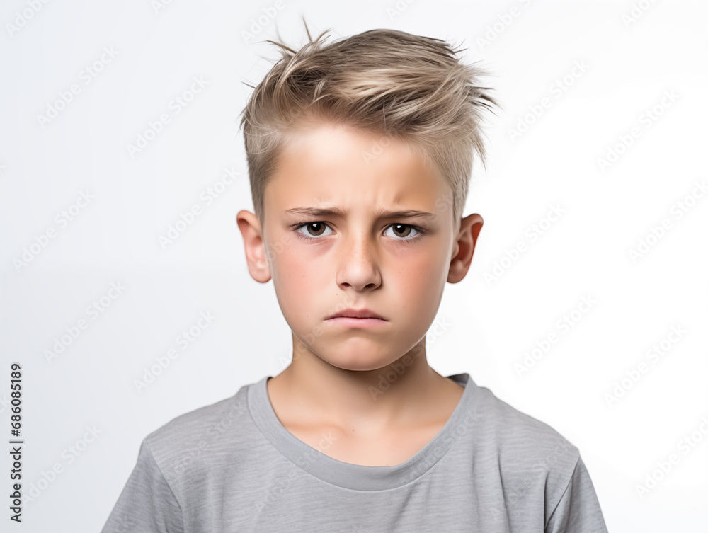 A handsome boy is upset and offended. Age crisis. Isolated on white background A handsome boy is upset and offended. Age crisis. Isolated on white background