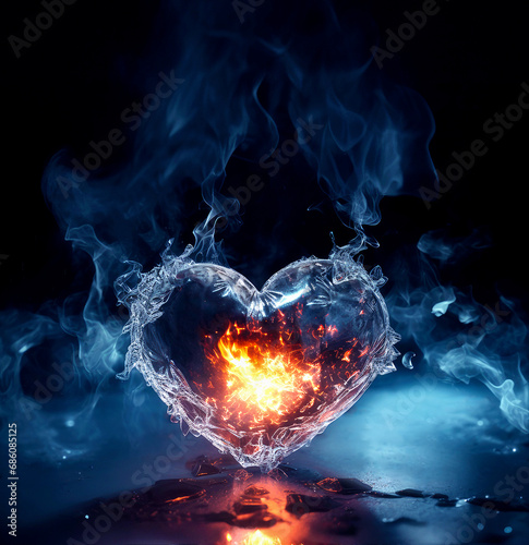 flame breaks out in an icy heart, a heart on a dark background, a creative picture for Valentine's Day