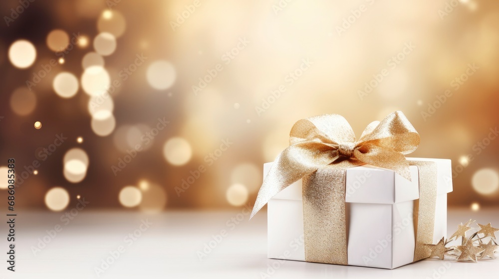 Fantastic beautiful white gift box with ribbons on festive background, free space for text Fantastic beautiful white gift box with ribbons on festive background, free space for text
