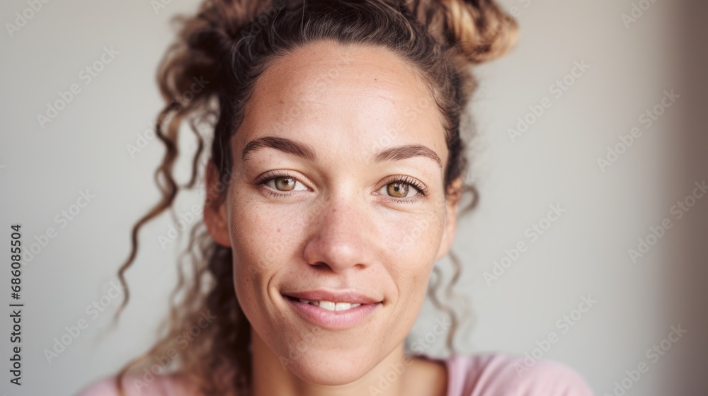 The camera zooms in on a close-up of a Caucasian woman, capturing the imperfect beauty against a light beige studio background. The camera zooms in on a close-up of a Caucasian woman, capturing the imperfect beauty against a light beige studio background.