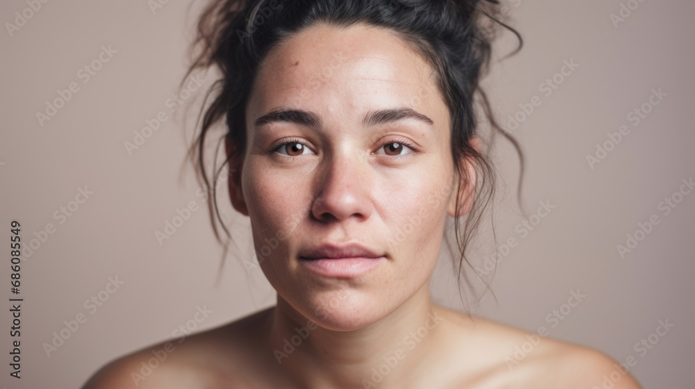 A close, personal view of a Caucasian woman's face, showcasing her natural flaws, against a backdrop of light beige in the studio. A close, personal view of a Caucasian woman's face, showcasing her natural flaws, against a backdrop of light beige in the studio.