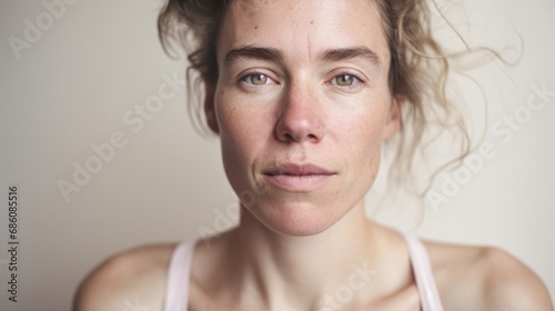 Detailed close-up capturing the imperfections on the skin of a Caucasian woman against a light beige studio setting.