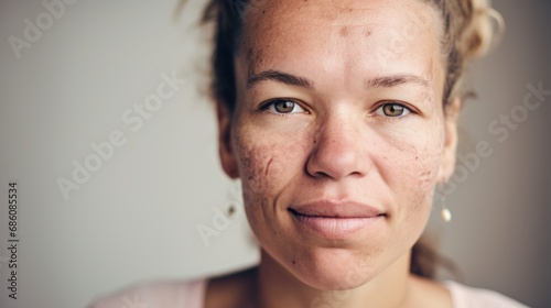 A detailed portrait highlighting the imperfections on the skin of a Caucasian woman, who confidently faces the camera against a light beige studio background.