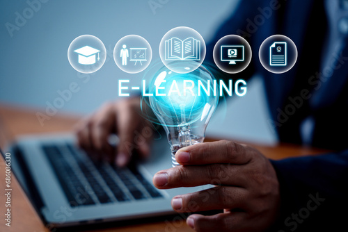 Man hands showing light bulb, E-learning graduate certificate program concept. Internet education course degree, study knowledge, creative thinking ideas, problem-solving solutions