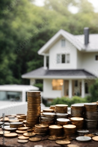Coins stacked on each other in front of the house and blurred background