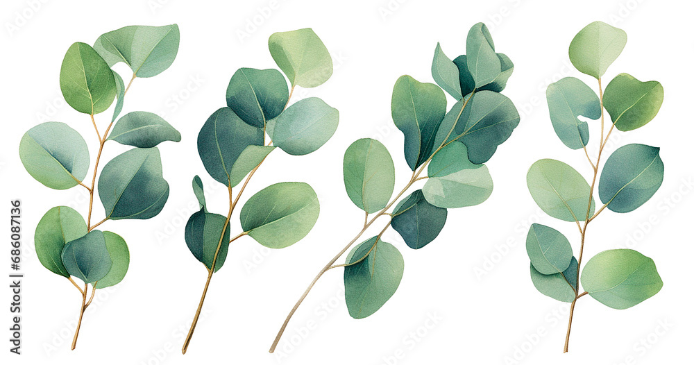 watercolor drawing, set of eucalyptus leaves. delicate illustration, clipart	