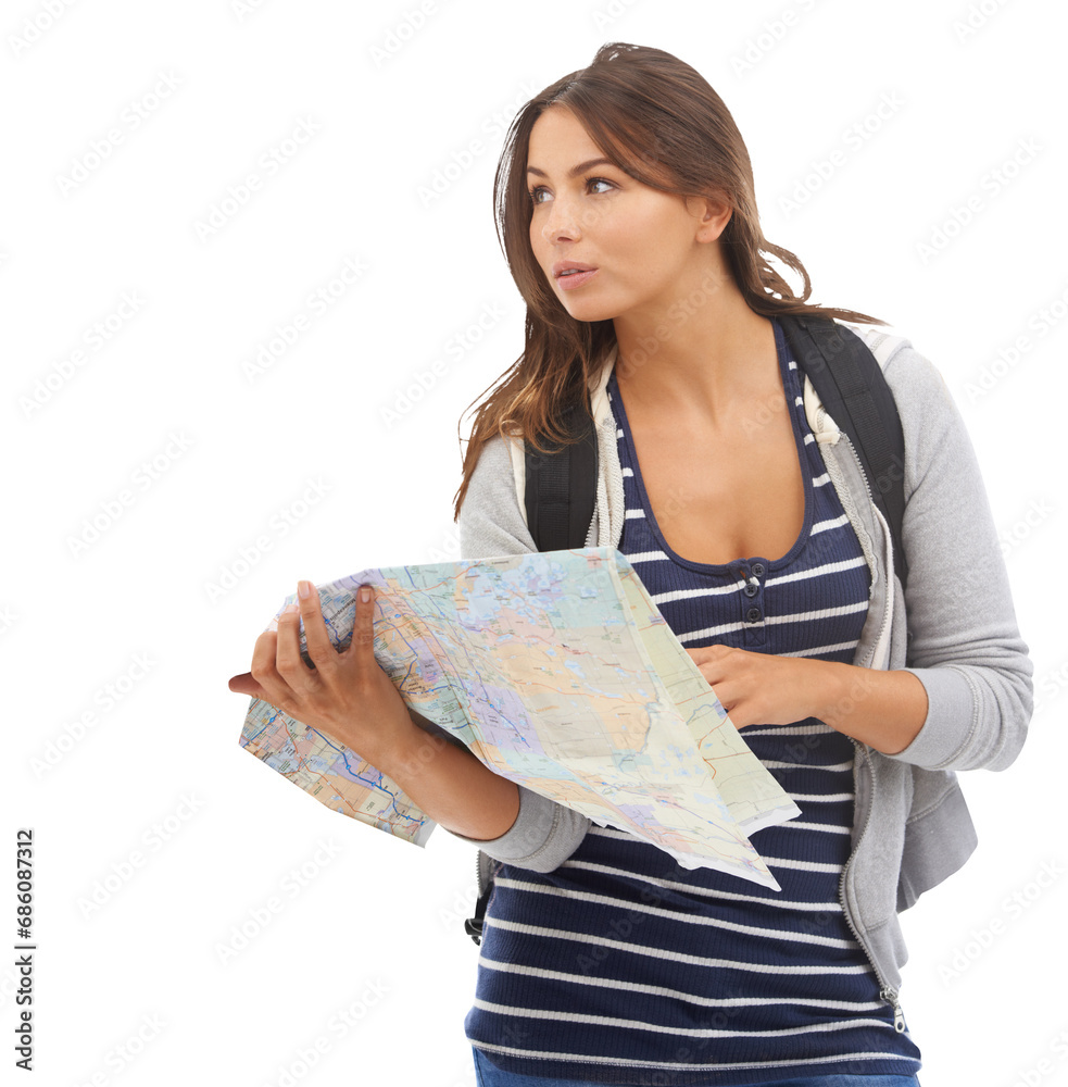 Holiday map, thinking and woman looking at location direction, destination journey or plan backpacking travel route. Adventure choice, paper guide and explorer isolated on transparent, png background Holiday map, thinking and woman looking at location direction, destination journey or plan backpacking travel route. Adventure choice, paper guide and explorer isolated on transparent, png background