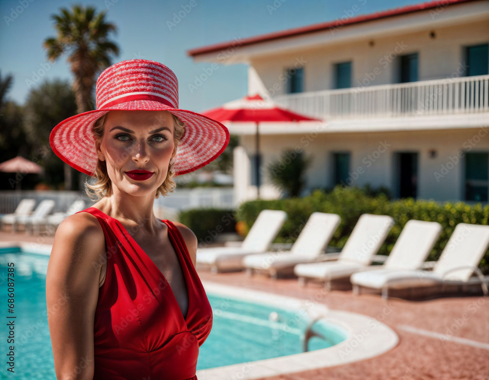 photo of beautiful middle aged woman with red dress and Hat standing in front of swimming pool hotel, generative AI