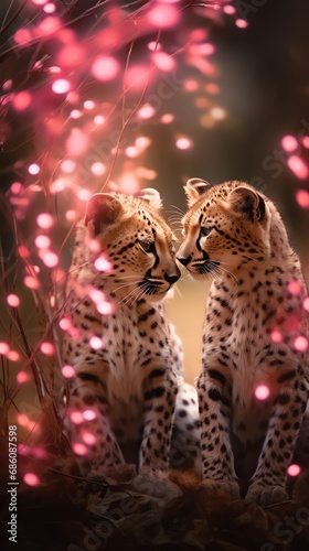 Two super cute cheetah couple in love kissing. Happy Valentine's day greeting card. AI generated image © yekaterinalim