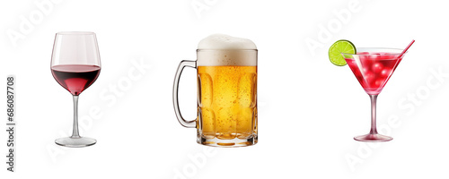 transparent background cutouts set of: Glassware: Wine Glass, Beer Mug, Cocktail Glass photo