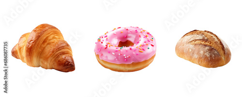 transparent background cutouts set of: Bakery Products: Bread, Croissant, Donut