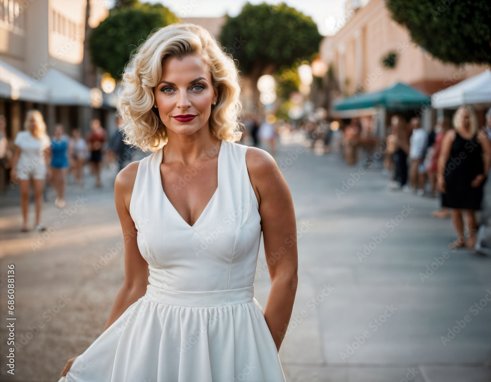 photo of beautiful middle aged woman with white dress standing in street with crowd of people, generative AI