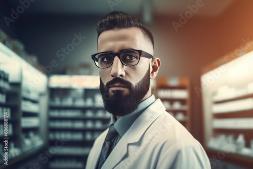 Bearded pharmacist medicine counter. Man with eyewear in apothecary medical shop. Generate ai