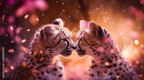 Two super cute cheetah couple in love kissing. Happy Valentine s day greeting card. AI generated image