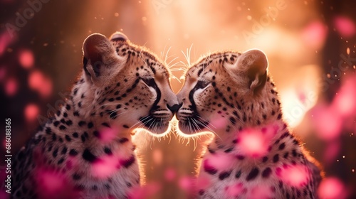 Two super cute cheetah couple in love kissing. Happy Valentine's day greeting card. AI generated image © yekaterinalim