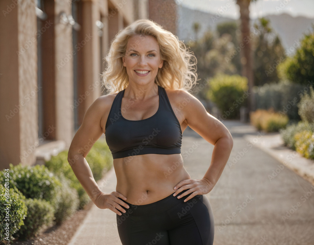 photo of beautiful middle aged woman with blonde hair and sport outfit doing exercise in gym, generative AI photo of beautiful middle aged woman with blonde hair and sport outfit doing exercise in gym, generative AI