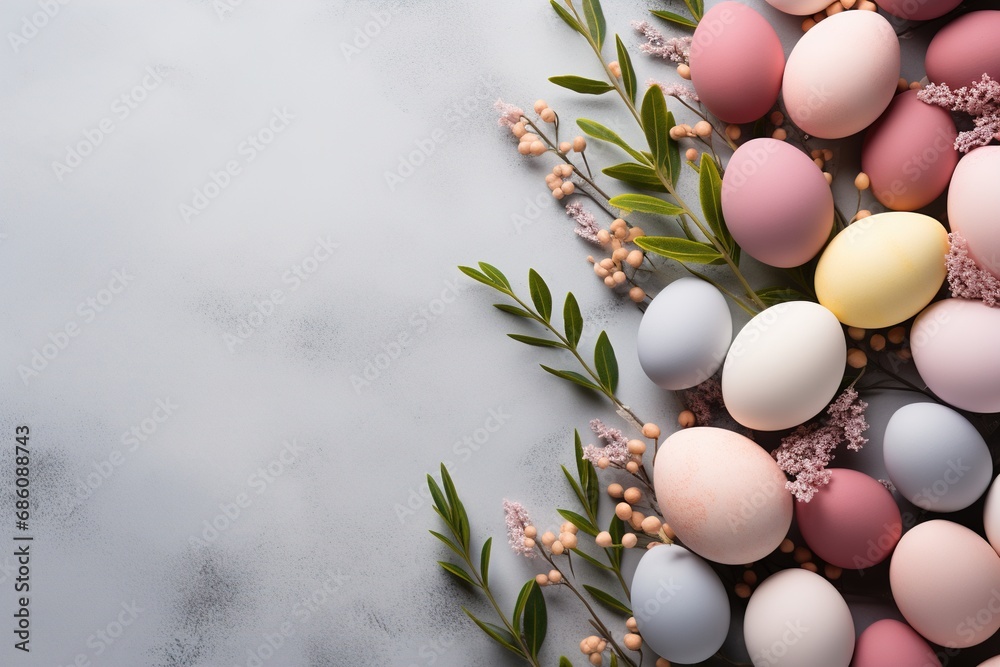 Pastel Easter eggs and flowers on a light background with copy space, flat lay