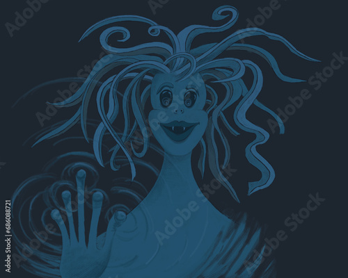mermaid illustration, underwater, horror scary illustration