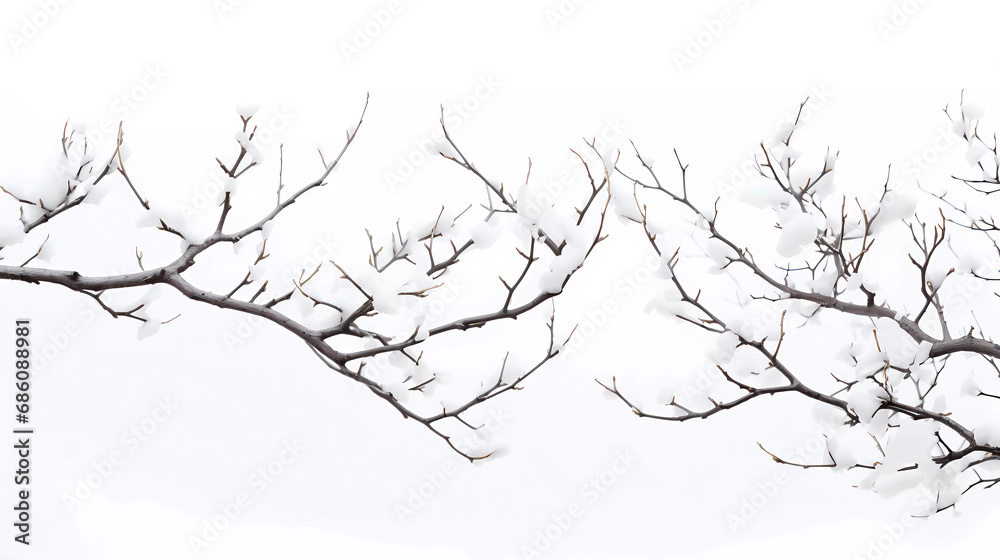 A branch of a tree with snow on it's branches and branches with no leaves on it