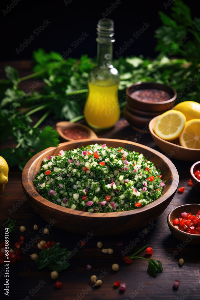 Tabbouleh salad surrounded by its ingredients on wooden table. Tabbouleh salad surrounded by its ingredients on wooden table.