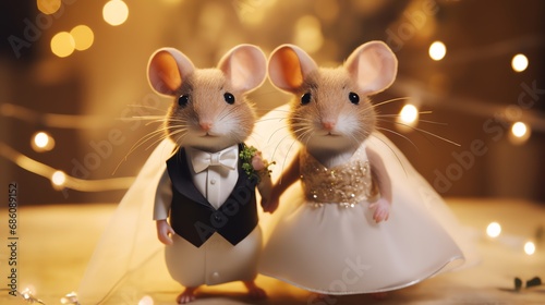 Two super cute mouses bride and groom. Lovely wedding couple. AI generated image photo