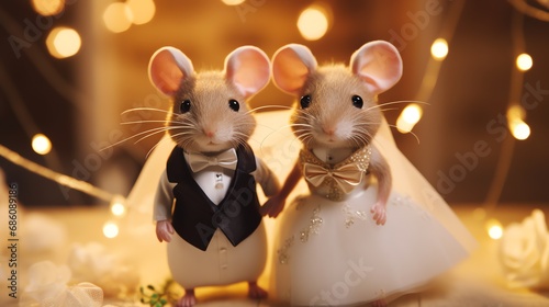 Two super cute mouses bride and groom. Lovely wedding couple. AI generated image