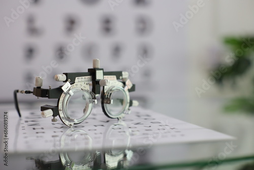machine close up, closeup of trial frame for eye test 
