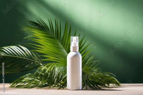 Beauty spa treatment, skin care cosmetic product in spray bottle. Tropical palm leaves soft focus. Beauty skincare herbal botanical mockup.