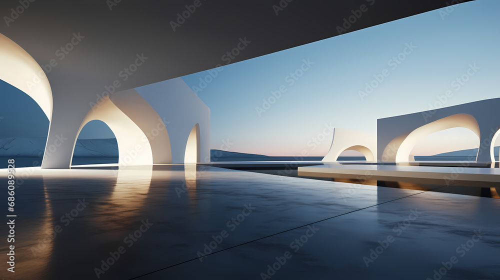 3d render of abstract futuristic architecture with empty concrete floor - obrazy, fototapety, plakaty 