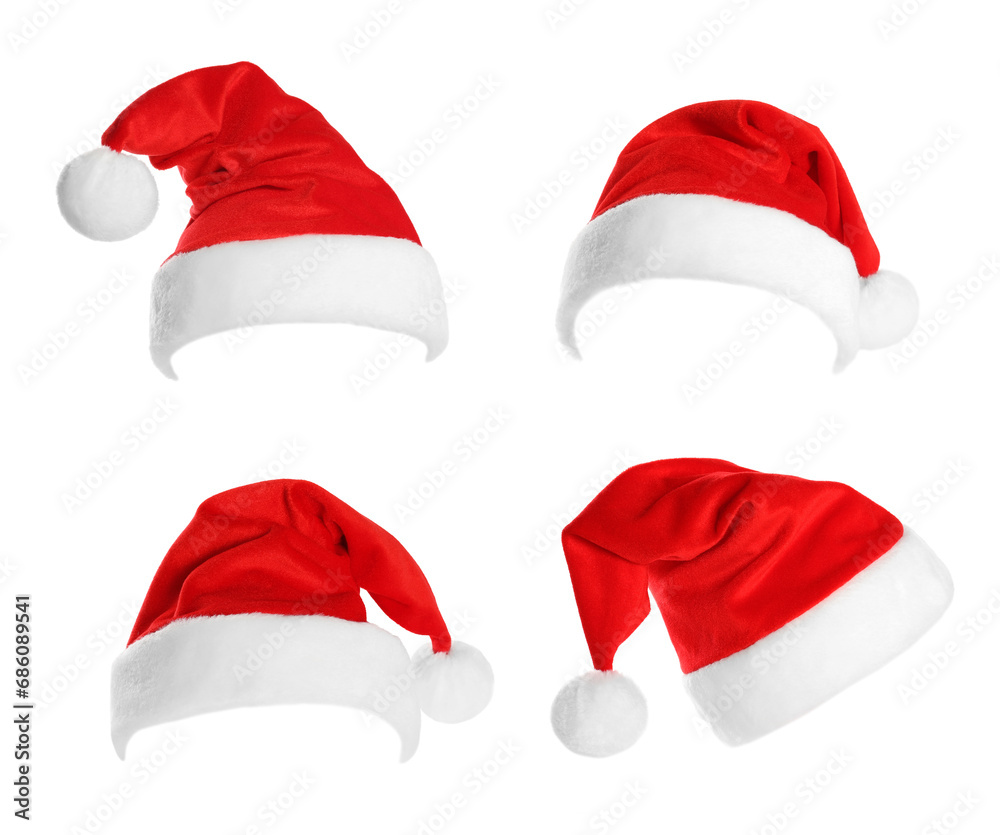 Red Santa Claus hat isolated on white, set