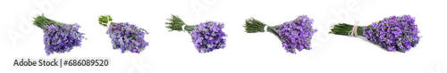 Bunches of beautiful lavender flowers isolated on white, set
